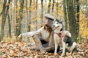 Girl enjoy walk with husky dog. Siberian husky favorite pet. Animal husbandry. Girl pretty stylish woman walking with