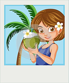 A girl enjoying a coconut drink under palm trees