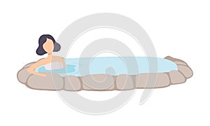 Girl enjoying outdoor thermal spring, young brunette woman relaxing in hot water in bath tub vector Illustration on a