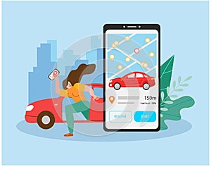 Girl enjoys online car sharing service.Mobile city transportation vector illustration concept with cartoon character and screen