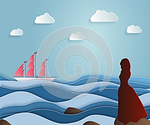 Girl escorts sailing ship on a long journey. Scarlet sails, Asso