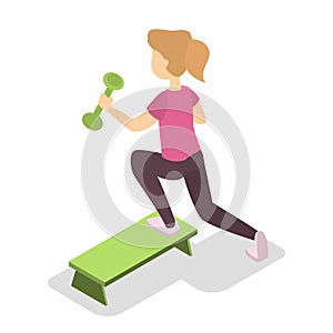 Girl exercise with dumbbell on the step