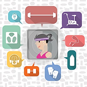 A girl with exercise icons illustration.. Vector illustration decorative background design