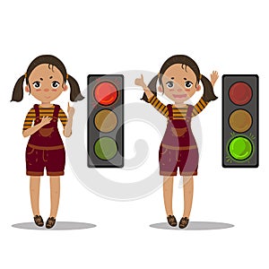 Girl explain pedestrian traffic light. Green red.