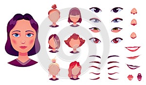 Girl face construction, avatar creation with different head parts. Vector cartoon set of young woman or female eyes