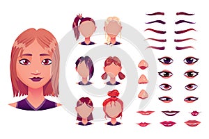 Girl face construction, avatar creation with different head parts. Vector cartoon set of young woman or female eyes