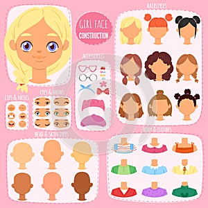 Girl face constructor vector kids character avatar and girlish creation head lips or eyes illustration girlie set of