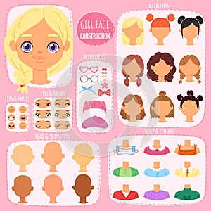 Girl face constructor vector kids character avatar and girlish creation head lips or eyes illustration girlie set of photo