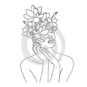 Girl face hands with flowers instead head. minnimalist oneline vector continious art