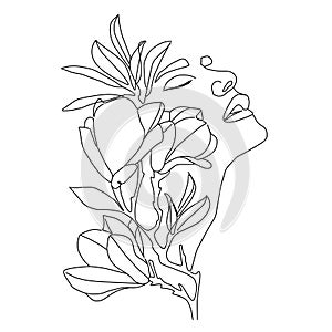 Girl face hands with flowers instead head. minnimalist oneline vector continious art
