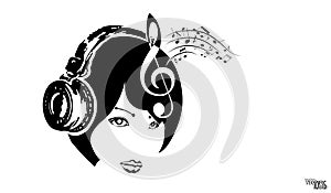 Girl face in headphone and musical notes, sketch. Black portrait icon, beautiful engraving hand drawn isolated on white. Design