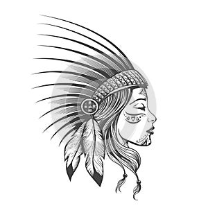 Girl Face in Indian Tribe Feather Bonnet with Warrior Makeup