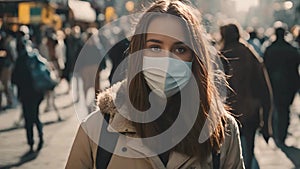 The Girl With Face Mask Stands In The Crowded Street Time Lapse