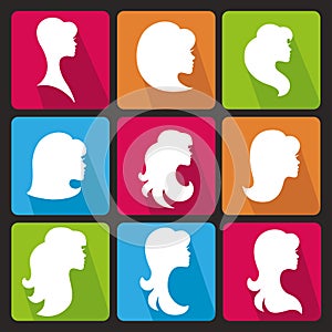 Girl face silhouette.Profiles Hair style.Icons set