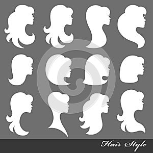 Girl face silhouette. Profiles Hair style. Logo set