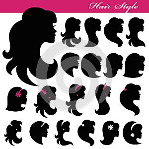 Girl face silhouette set.Profiles Hair style.Logo