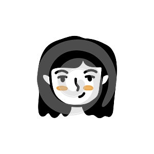 Girl face with smirk. Black and white vector doodle