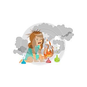 Girl after a failed chemical experiment, schoolgirl doing chemical experiment vector Illustration