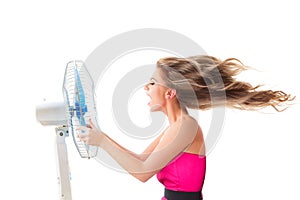 Girl with fan over white