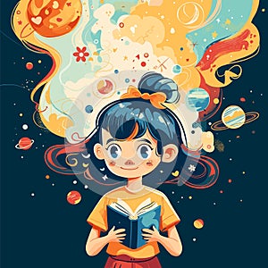 Girl fantasy book imagination, cartoon little reader with fairy tale books story in space galaxy planet background