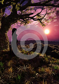 Girl In Fantasy Forest Romantic Sunset Vertical