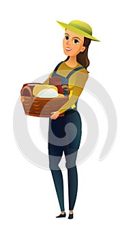 Girl farmer with a basket. Rural pasture view. Farm milk and dairy products. Isolated on white background. Cartoon flat