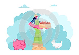 Girl Farmer or Gardener in Working Overall with Box of Ripe Healthy Fruits or Vegetables, Animal Husbandry, Pig, Chicken, Farm