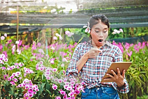 A girl farming a flower farm holding a tablet