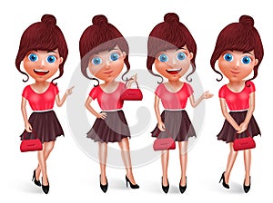Girl fashion characters vector set. Female shopping model holding bag