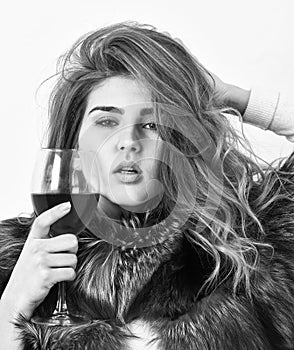 Girl fashion makeup wear fur coat hold glass alcohol. Elite leisure. Reasons drink red wine in wintertime. Lady fashion