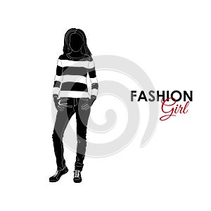Girl. Fashion. Silhouette of a girl. Girl in jeans and jumper