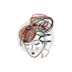 Girl fashion sketch. Simple hand drawn line portrait face art. Print for clothes, textile and other. Vector illustration