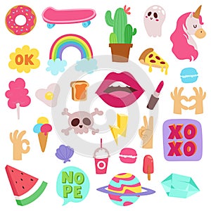 Girl fashion symbols vector stickers patches cute colorful badges fun cartoon icons pony, horn horse, lips, love and