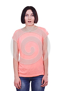 Girl with fear in eyes on white isolated background