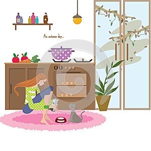 girl feeding a cat milk. Vector illustration decorative design