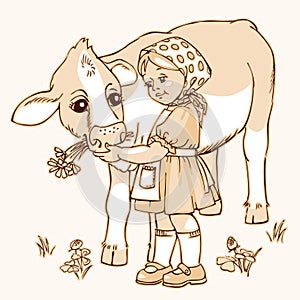 Girl feeding cow