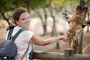 Girl feeding the giraffe. Zoo on the island of Mauritius