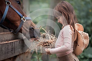 Girl feeding her horse