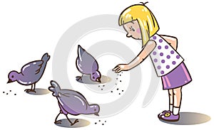 Girl feeding pigeons