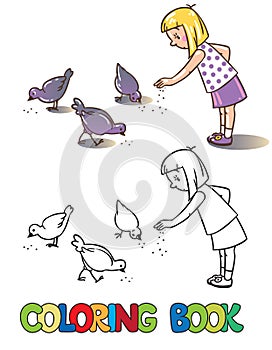 Girl feeding pigeons. Coloring book