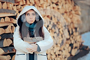Girl Feeling Cold Holding Firewood in Winter Time