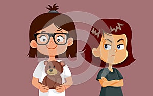 Girl Feeling Envious of her Friend Getting a Gift Vector Illustration
