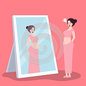 Girl feeling fat over-weight when looking at mirror