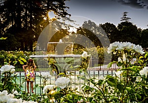 Girl on fence looking at fountain