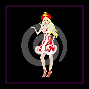 A girl in festive clothes advertises the product. Vector graphics design by a buliten. Illustration sales offer.