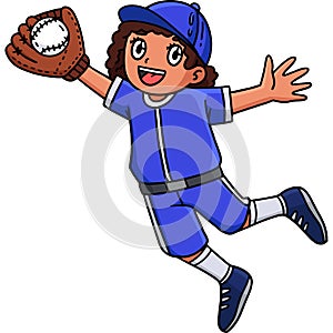 Girl Fielder Catching Baseball Cartoon Clipart