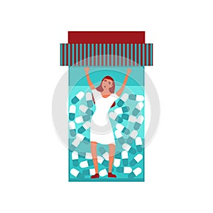 Girl fighting trapped inside a pill bottle vector concept