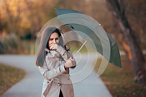 Girl Fighting The Wind Holding Umbrella Raining Weather
