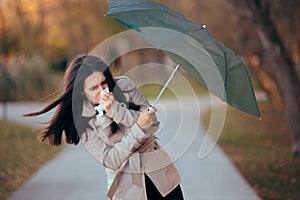 Girl Fighting The Wind Holding Umbrella Raining Weather