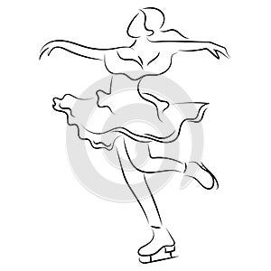 Girl figure skater. Figure skating. Black and white illustration of a figure skater. Winter sport. Linear art.